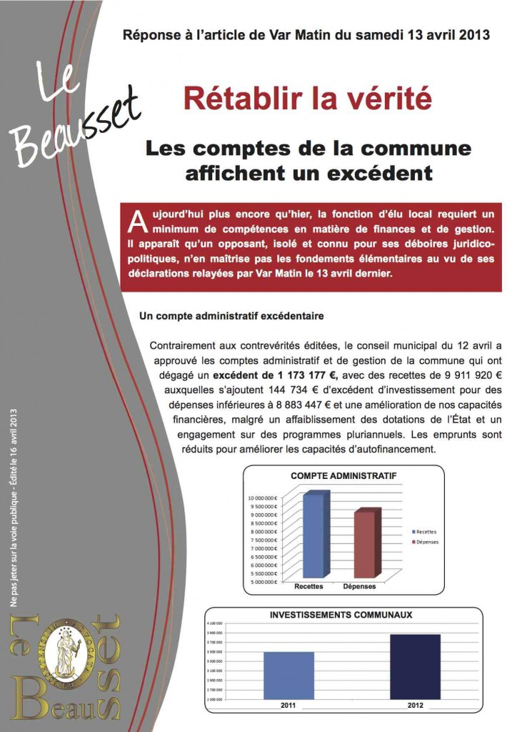 Le compte administratif 2012 affiche bien un excédent contrairement à ce qu’a indiqué Var Matin